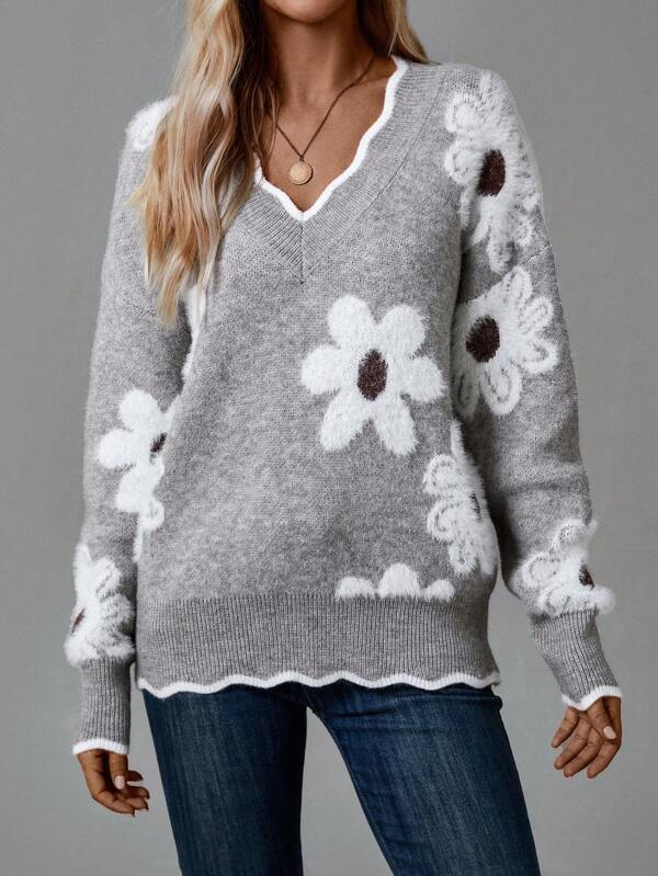 THEA | ELEGANT V-NECK FLORAL SWEATER
