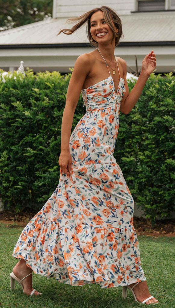Louise™ | Floral Summer Maxi Dress with Halter Neck