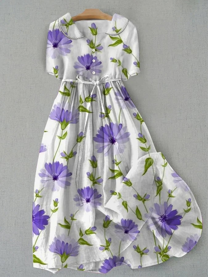 Sage – Vintage Floral Dress with Lace-Up Waist and Half Sleeves