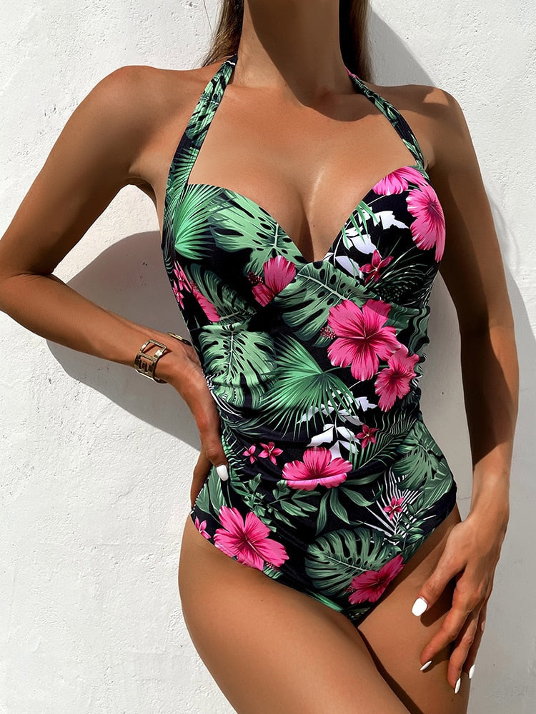 Elowen™ – Tropical halter swimsuit with flattering bust