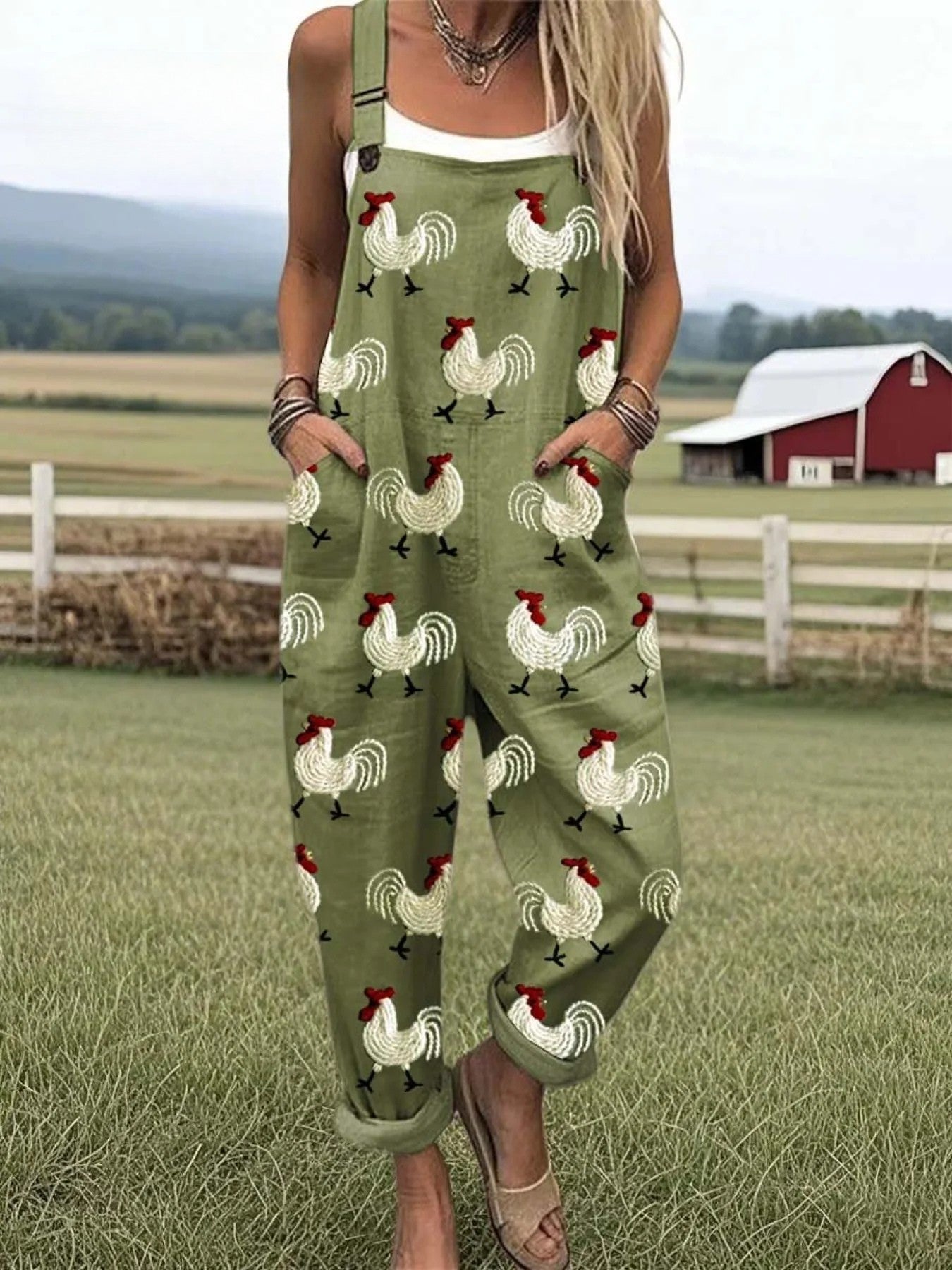 Clara | Rooster Print Dungarees