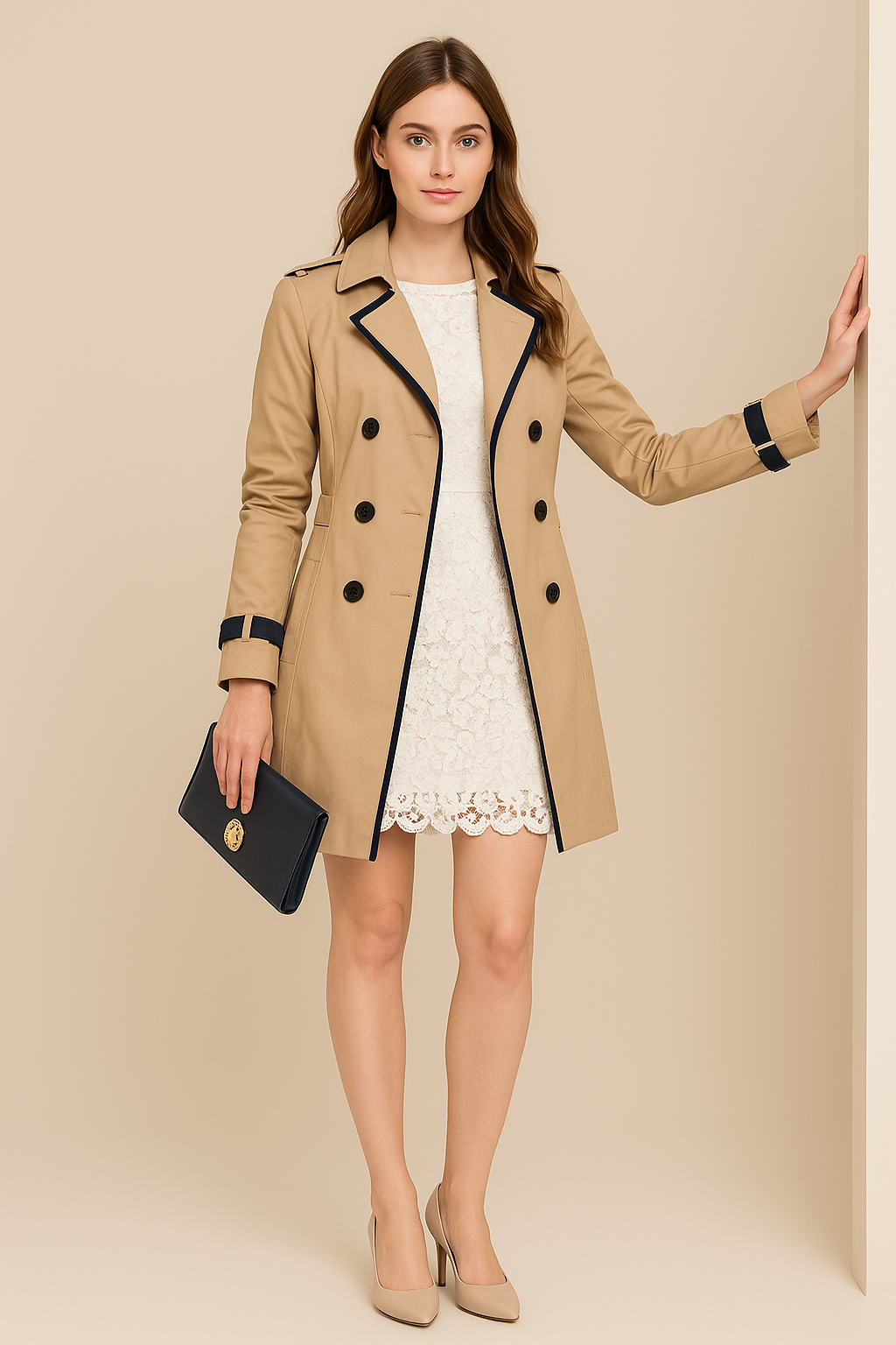 Maya | Double-Breasted Trench Coat with Contrast Trim